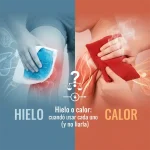 Comparativa hielo vs calor: bolsa de hielo con tela en tobillo hinchado y almohadilla térmica para cervicalgia, con tiempos recomendados.