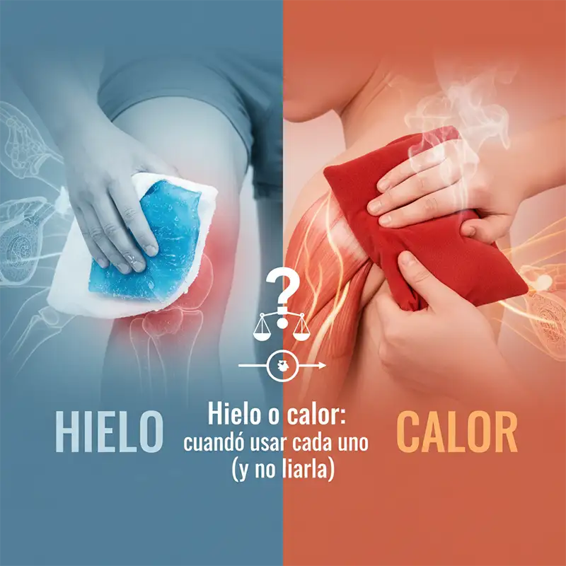 Comparativa hielo vs calor: bolsa de hielo con tela en tobillo hinchado y almohadilla térmica para cervicalgia, con tiempos recomendados.