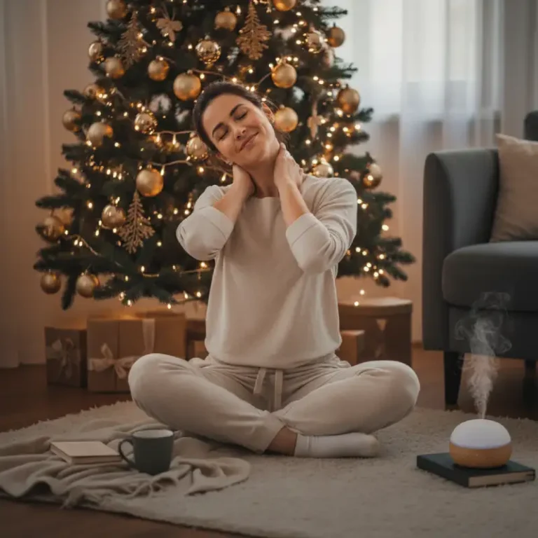 Persona relajando cuello y hombros frente al árbol de Navidad, aplicando rutina de 8 minutos para reducir tensión