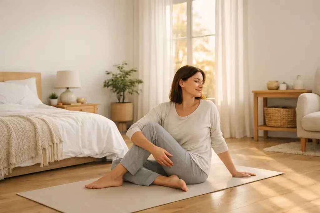 Persona haciendo una rutina de movilidad matinal de 7 minutos al despertar para reducir la rigidez corporal