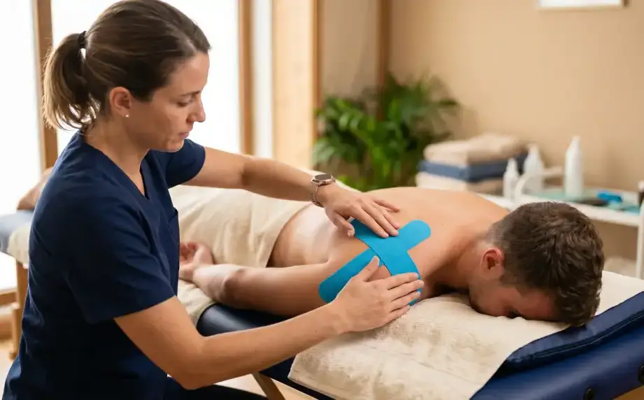 terapeuta aplicando kinesiotape en el hombro de un paciente